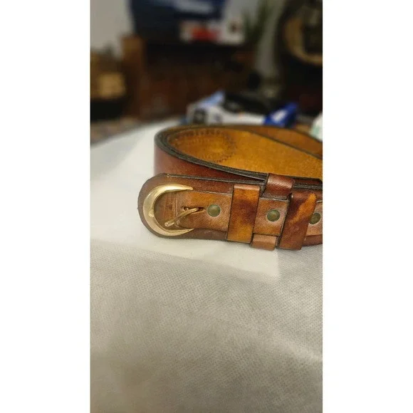 Vintage Studded Genuine Leather Belt Cognac Brown Brass Buckle Boho Western 39in