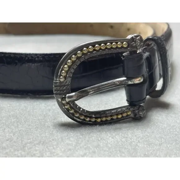 Talbots Black Leather Belt Medium Made In Italy Silver And Gold Tone Hardware‎