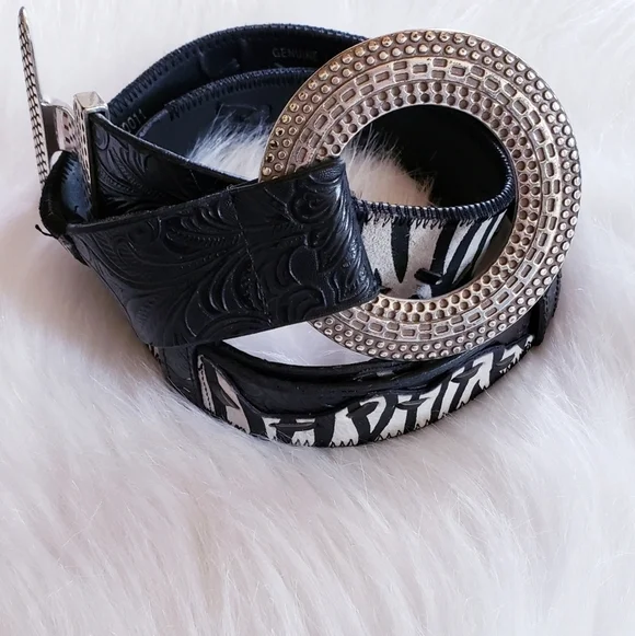 Genuine Leather Zebra Pattern Western Belt Silver
