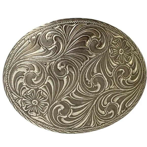 Vintage Justin Western Floral Silver Oval cowgirl Belt Buckle
