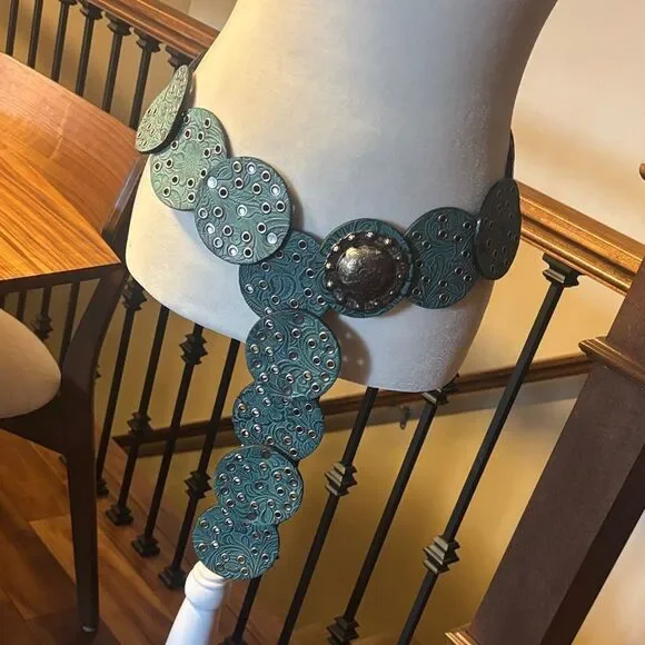 Boho Turquoise Embossed Leather Disc Belt - Large