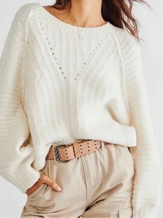 Free People Gorhic Pullover Cozy Ivory Knit Sweater - Women Size S