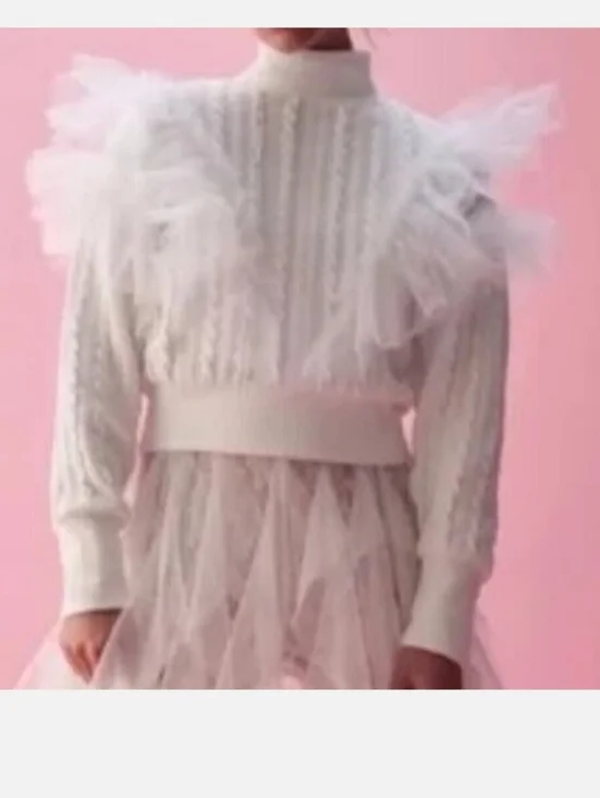 Free People Showstopper Ruffled Tulle Cable Sweater in White Size Small