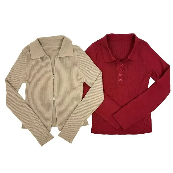 SHEIN Lot of Two Ribbed Sweaters L Slim Fit Polo Tops Zip Gray Red NWT B41