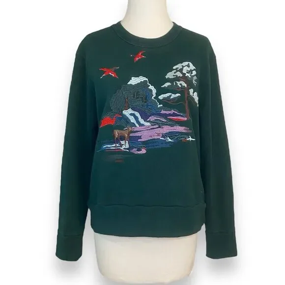 RARE Coach Embroidered Sweater Pullover Women's Size L Green Cotton Cottagecore