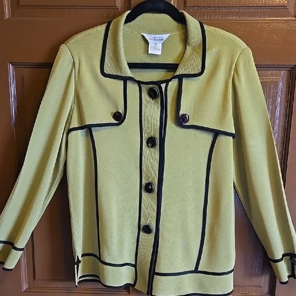 Misook-Knit chartreuse sweater with black trim Size M.