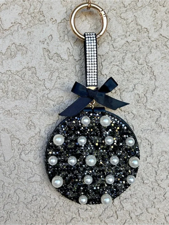 Sparkling Black Rhinestone & Pearl Dual Sided Mirror/Keychain/Bag Charm