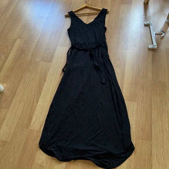 Summer Maxi Tank Dress Women's Sz Large Black V-Neck Tie Belt Boho Casual Comfy