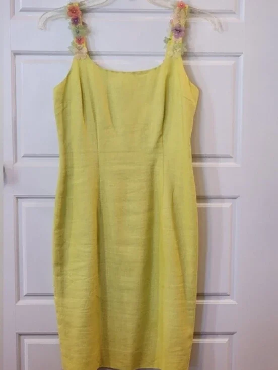 Vintage Althuser Linen-Blend Yellow Floral Strap Sundress 100% Linen Size 2