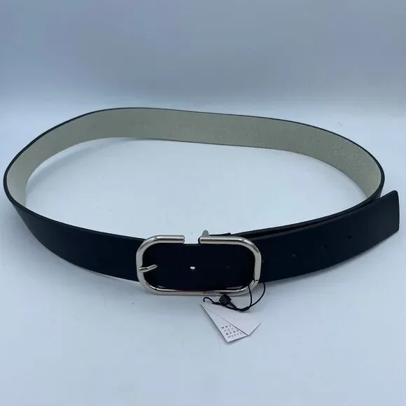 White House Black Market Black Leather Belt Silver Minimalist Buckle NWT Size L