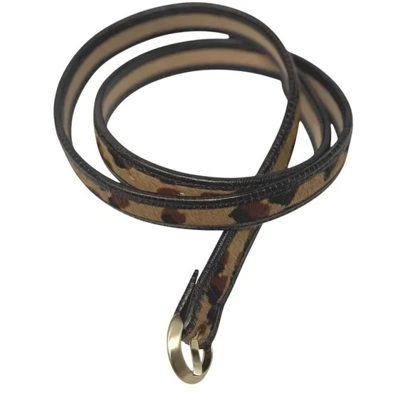 Ann Taylor Leather Belt Womens Medium Calf Hair Leopard Print Gold Tone Thin