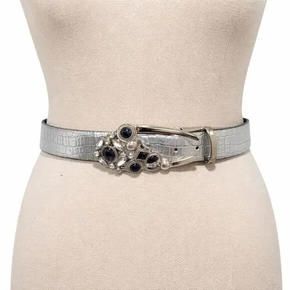 Vintage Sandy Duftler Designs Rhinestone Belt Silver Leather Western Y2K Medium