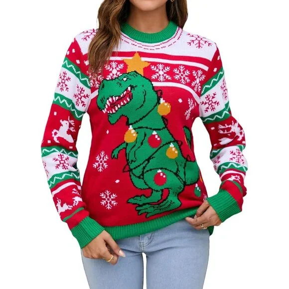 Women Red Cute Fuzzy Funny Wintertime Holiday Parties Knitted Pullover Sweater