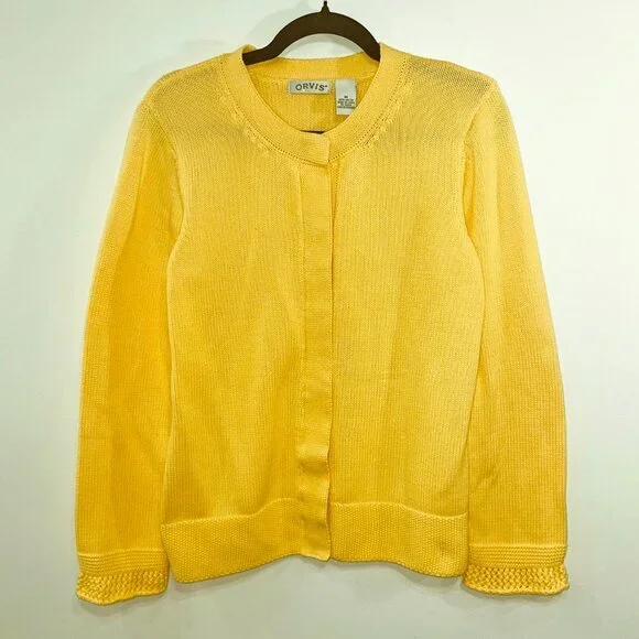 Vintage 100% Cotton Snap-Front Crochet Cuff Cardigan Yellow Medium