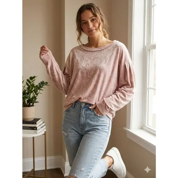 Free People We The Free In My Element Velour Oversized Top Dusty Rose Small