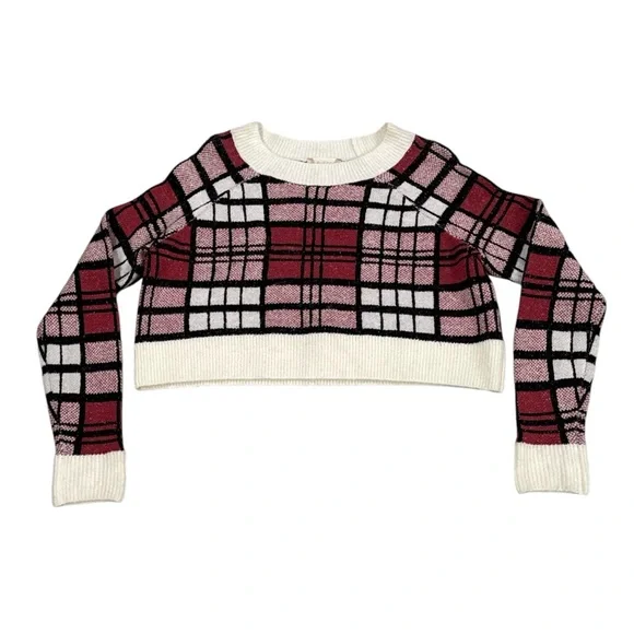 Altar’d State Pink White Plaid Pullover Cropped Sweater