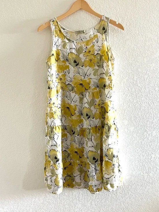 Valentina Naldi Linen Country Floral Sleeveless Dress Made In Italy SZ S Yellow