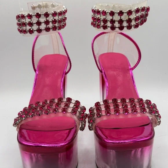 Hot Pink Platform Stiletto Heels Rhinestone Ankle Strap‎ Women's Shoes Size 7