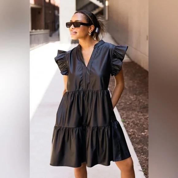 Entro Black Faux Leather Ruffle Dress