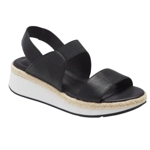 Eileen Fisher Dash Wedge Sandals 7.5 Black Leather Platform Espadrille Comfort