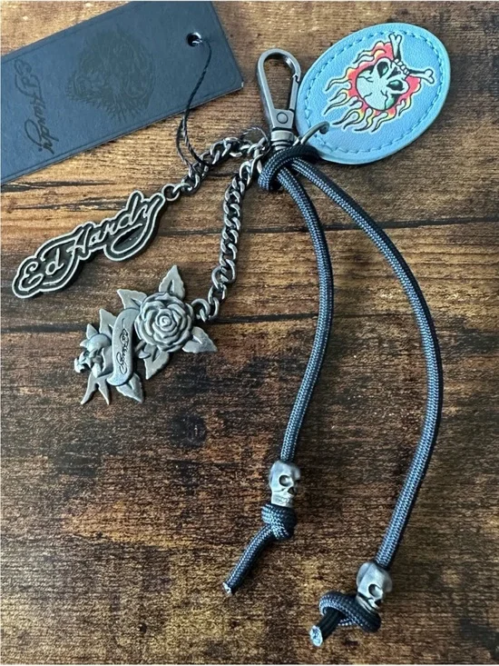 Ed Hardy Blue Flame Skull Patch & Metal Rose & Logo Bag Charm Keychain NWT