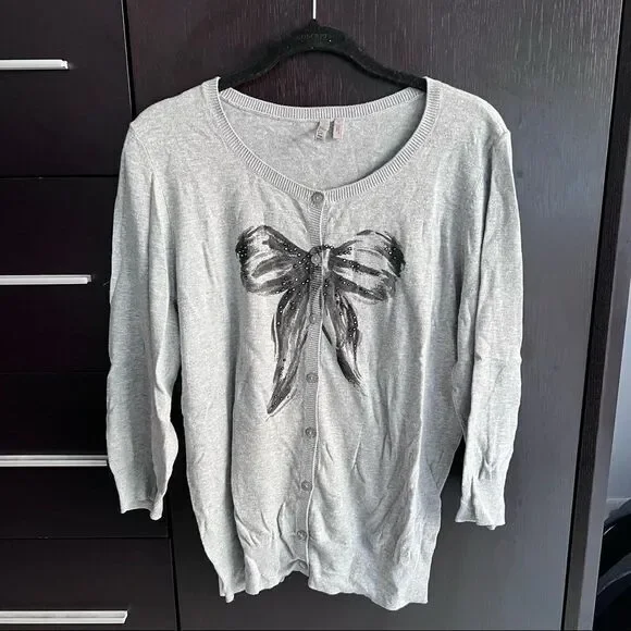 Caslon bow tie printed cardigan sweater 3/4 sleeve