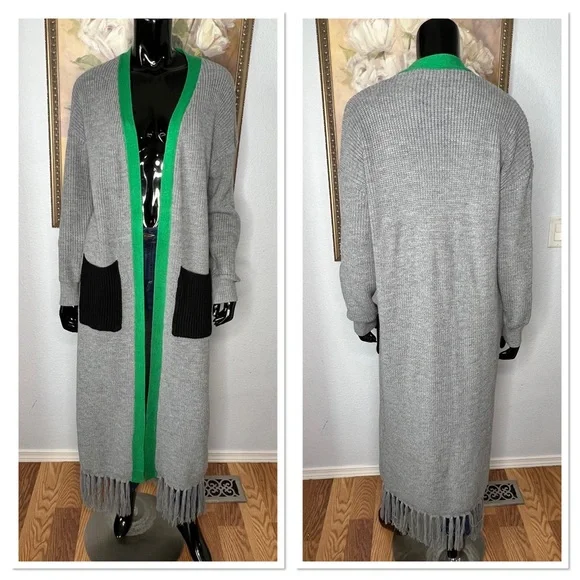 ILLORD Maxi Knit Cardigan w/Fringe Hem One Size 100% Acrylic Gray, Green & Blue