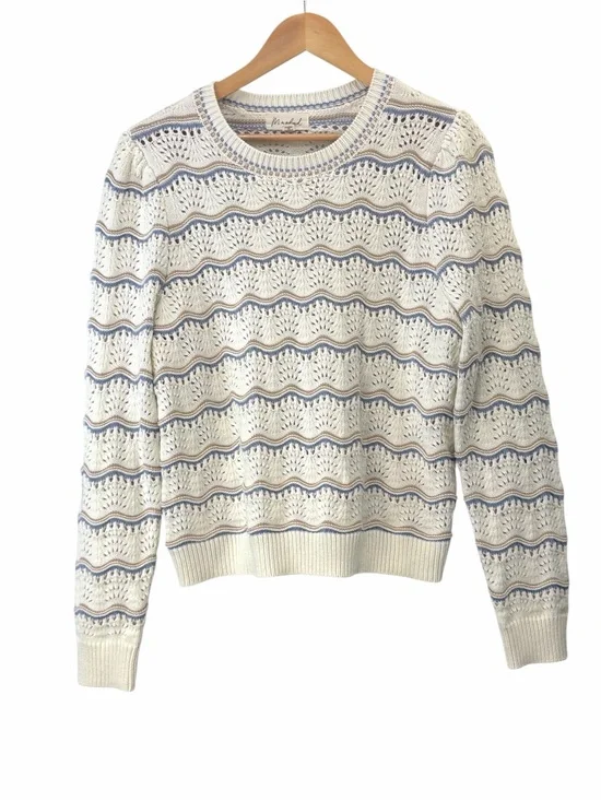Marled Cream Eyelet Knit Sweater with Blue and Tan Stripes Size Large