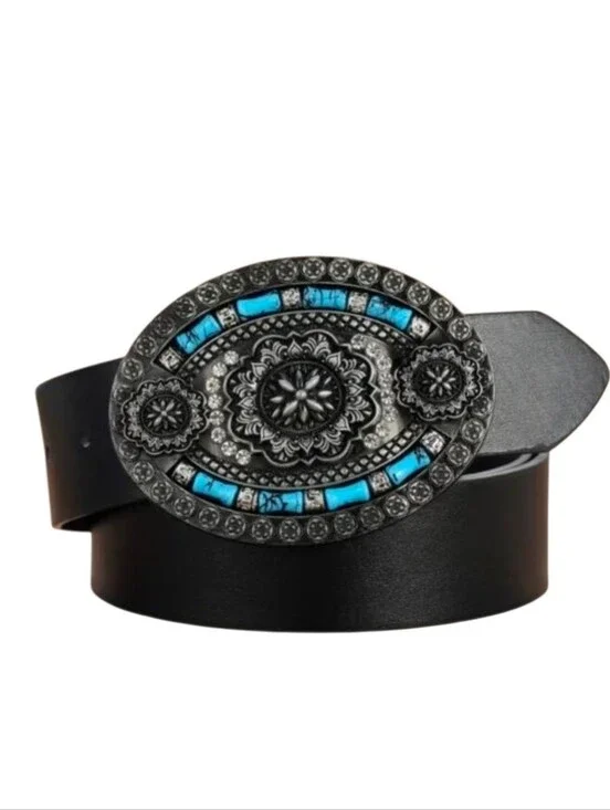 Women's Black Western Faux Turquoise Stone Belt