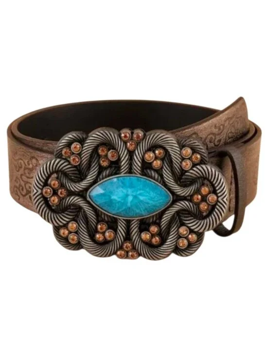 Women's Brown Knot Rhinestone Embossed Belt