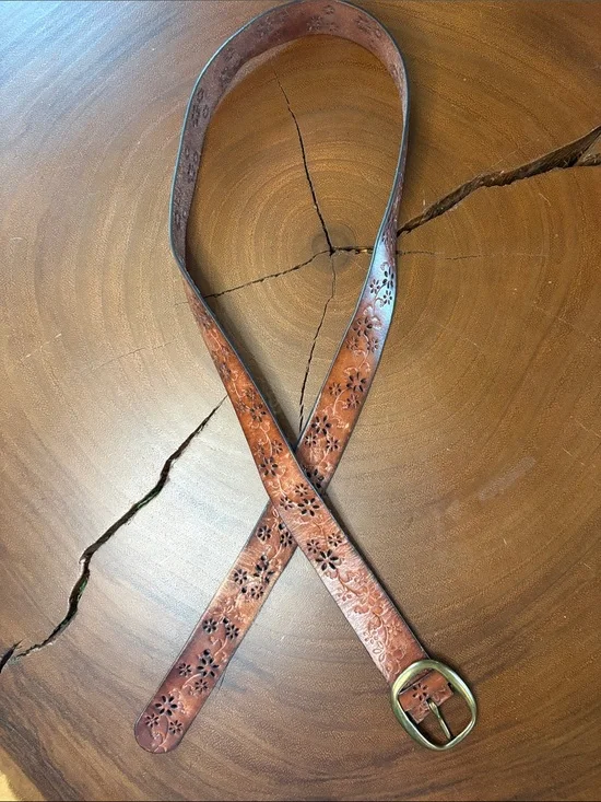Tooled Leather Floral Belt Brown Western Boho Vintage Style Size 1X