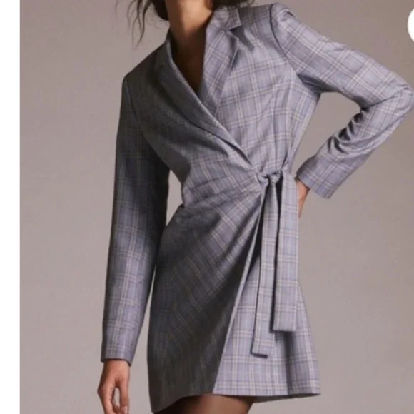 ANTHROPOLOGIE Current Air Blue Plaid Blazer Wrap Dress Medium
