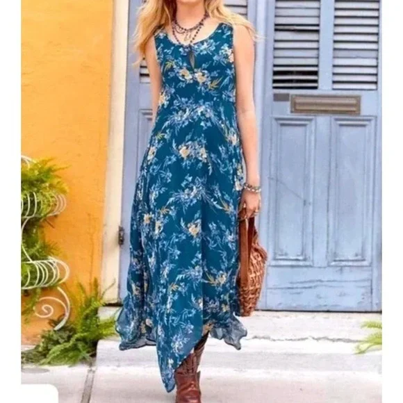 SUNDANCE On The Breeze Floral‎ Maxi Dress Womans 6 Blue Boho Summer