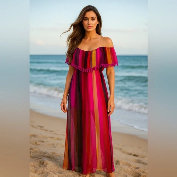 Aakaa‎ Strapless Striped Maxi Dress Multicolor