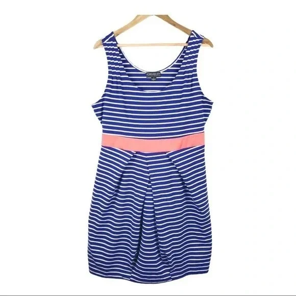 Forever 21 Plus Blue Stripe‎ Sleeveless Dress Coral Tie Waist Casual 1X