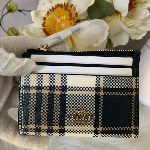 Coach Black and Cream Plaid Card Holder