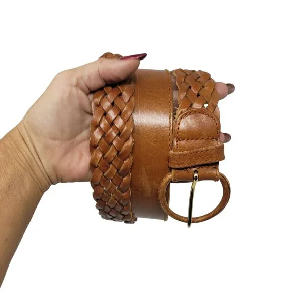 Vtg Western‎ Boho Camel Brown Braided Weaved Genuine Leather Belt Sz 2XL 38