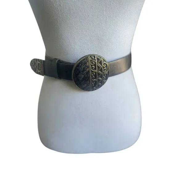 Chicos Leather Black Gold Metallic Large Buckle Belt Size S Retro