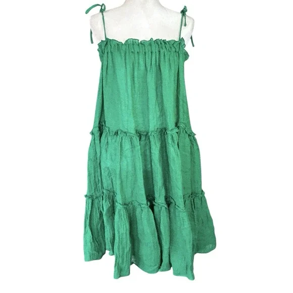 Lisa Marie Fernandez Peasant Dress Sz 3 or 6-8 Boho Beach Green Linen Blend NWOT