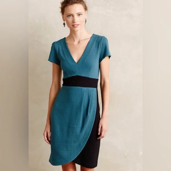 Anthropologie Maeve Splitshade Tulip Hem Turquoise Black Knee Length Dress EUC S