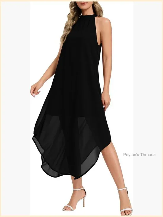 Flowy Chiffon Halter Maxi Dress with Asymmetrical Hem Sleeveless