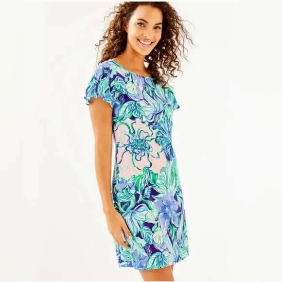 Lilly Pulitzer‎ Marah Dress Party Thyme Print Pima Cotton Flutter Sleeve Sz XXS