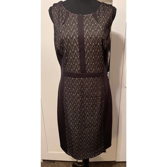 ALEXA B Black & Beige Midi Pencil Dress Slimming Visual Effect Size 12 Lined