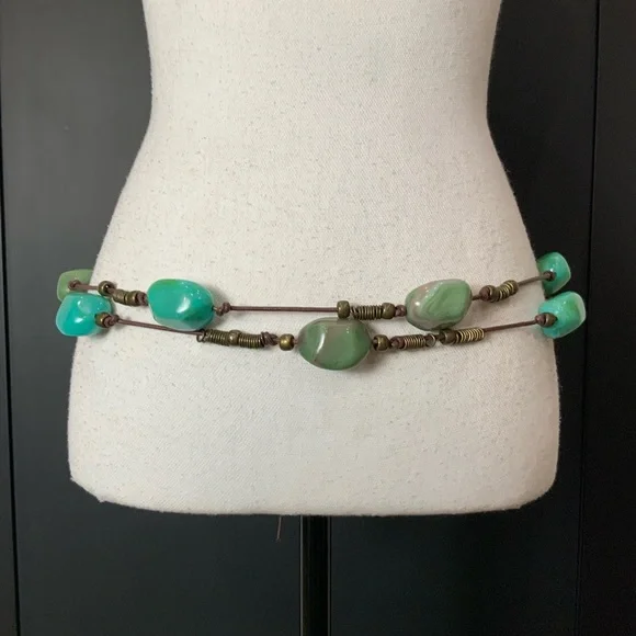 Desert jewel, turquoise and leather beaded belt that doubles necklace