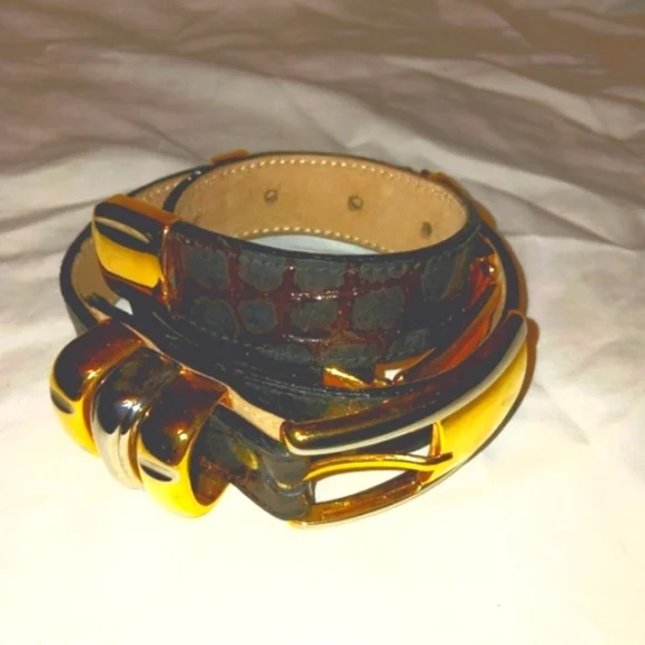 B.B. Simon Leather Croc Embossed  Vtg. BELT - Two Tone Ornate Buckle Spain 32