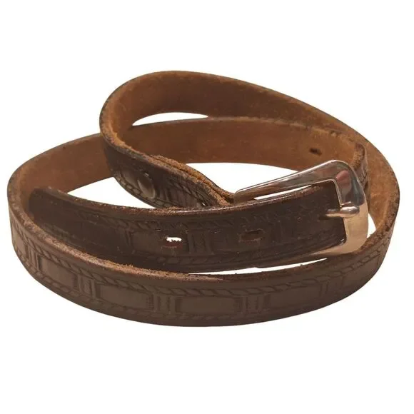 Vintage Leather Tooled Skinny Belt XS-S Basket Weave Western Pattern Black