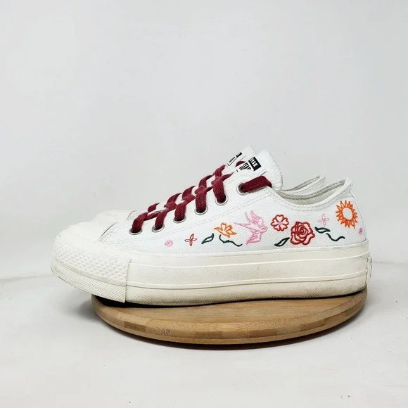 Converse All Star Lift Platform‎ Shoes Womens 8 White Summer Embroidered Sneaker