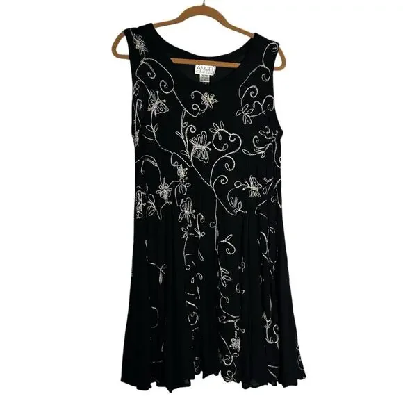 Vtg Angel Pastel Rainbow Embroidered Butterfly Flower‎ Black Knee Length Dress