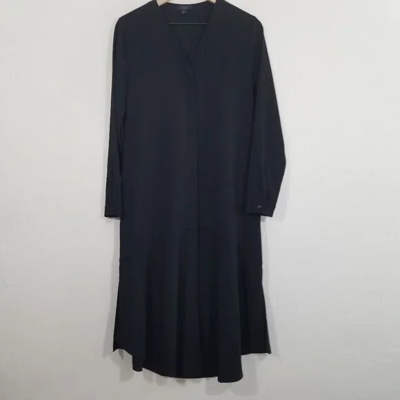 COS Button Up V-Neck Long Sleeve Dress with Pockets Black