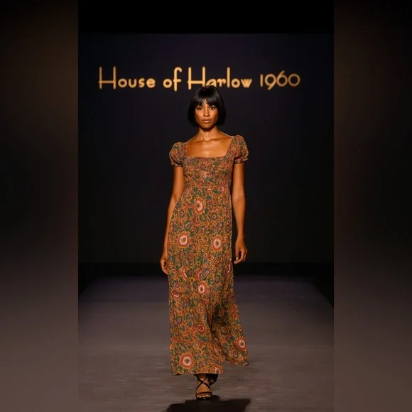 House of Harlow 1960 Floral Midi Dress Size Large Boho Ruffle Hem size M